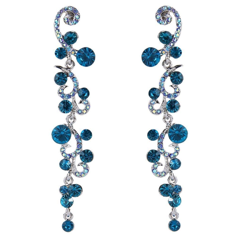 Silver with Aquamarine Blue and AB Austrian Crystal Wave Statement Post Earrings